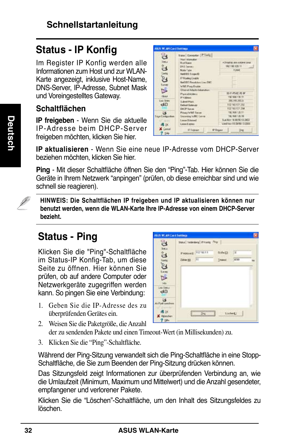 Status - ip konfig, Status - ping, Schnellstartanleitung deutsch | Asus WL-100W User Manual | Page 33 / 127