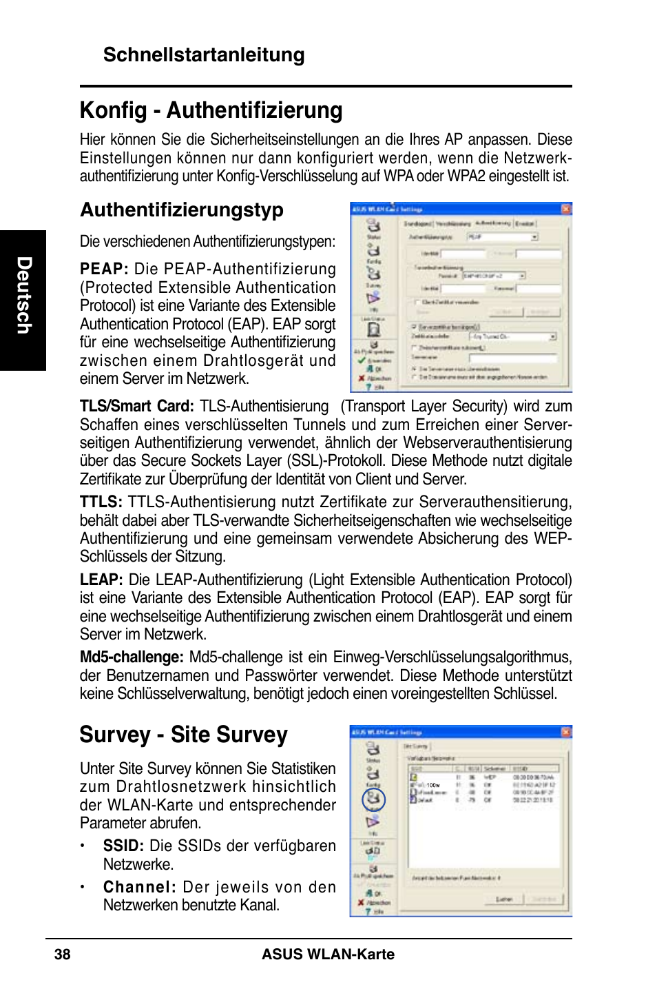 Survey - site survey, Konfig - authentifizierung | Asus WL-100W User Manual | Page 39 / 127