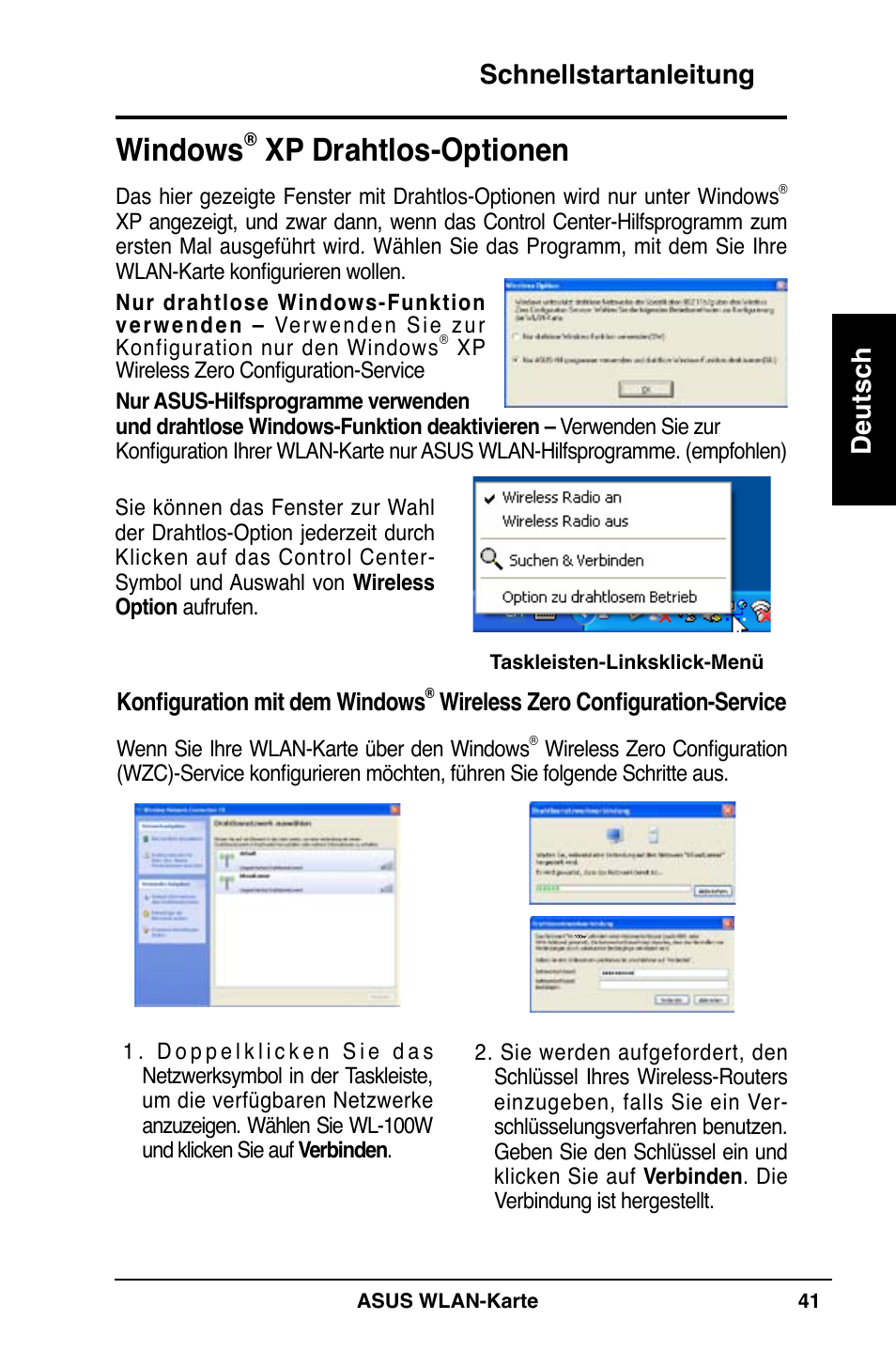 Windows, Xp drahtlos-optionen, Schnellstartanleitung deutsch | Asus WL-100W User Manual | Page 42 / 127