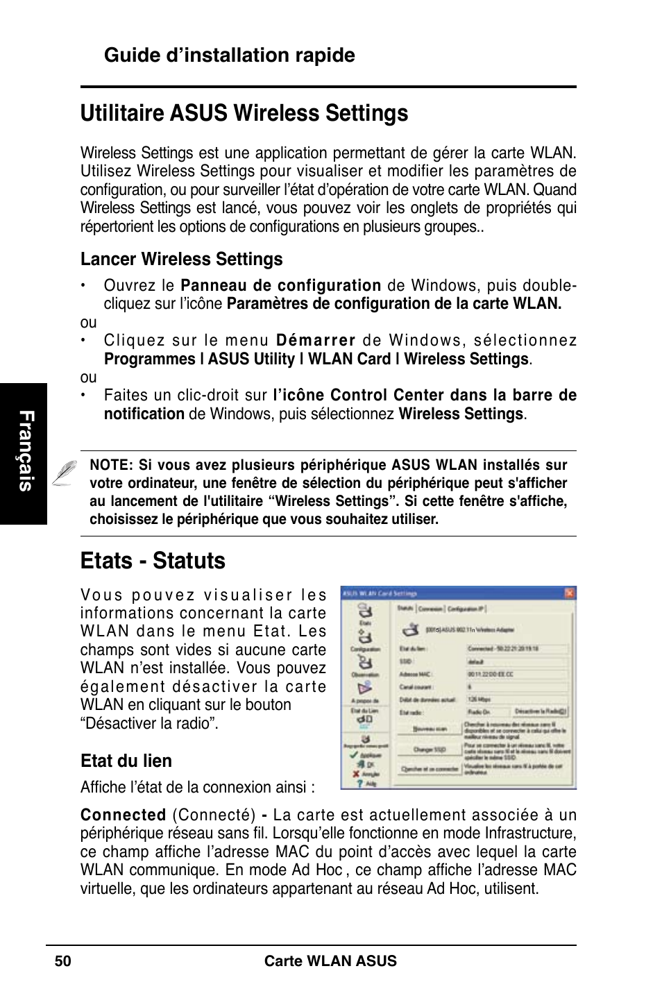 Etats - statuts, Utilitaire asus wireless settings, Guide d’installation rapide français | Asus WL-100W User Manual | Page 51 / 127