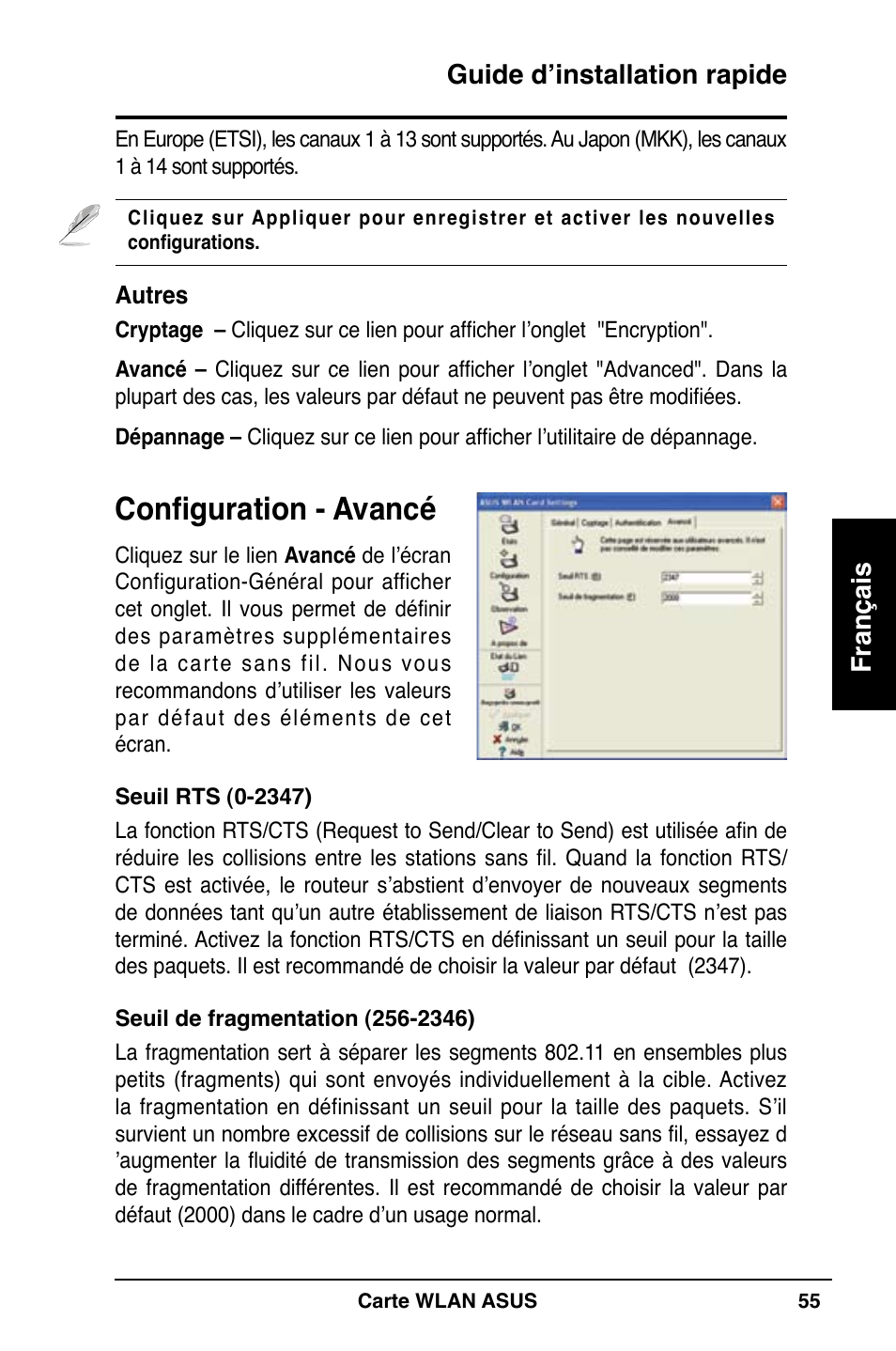 Configuration - avancé, Guide d’installation rapide français | Asus WL-100W User Manual | Page 56 / 127