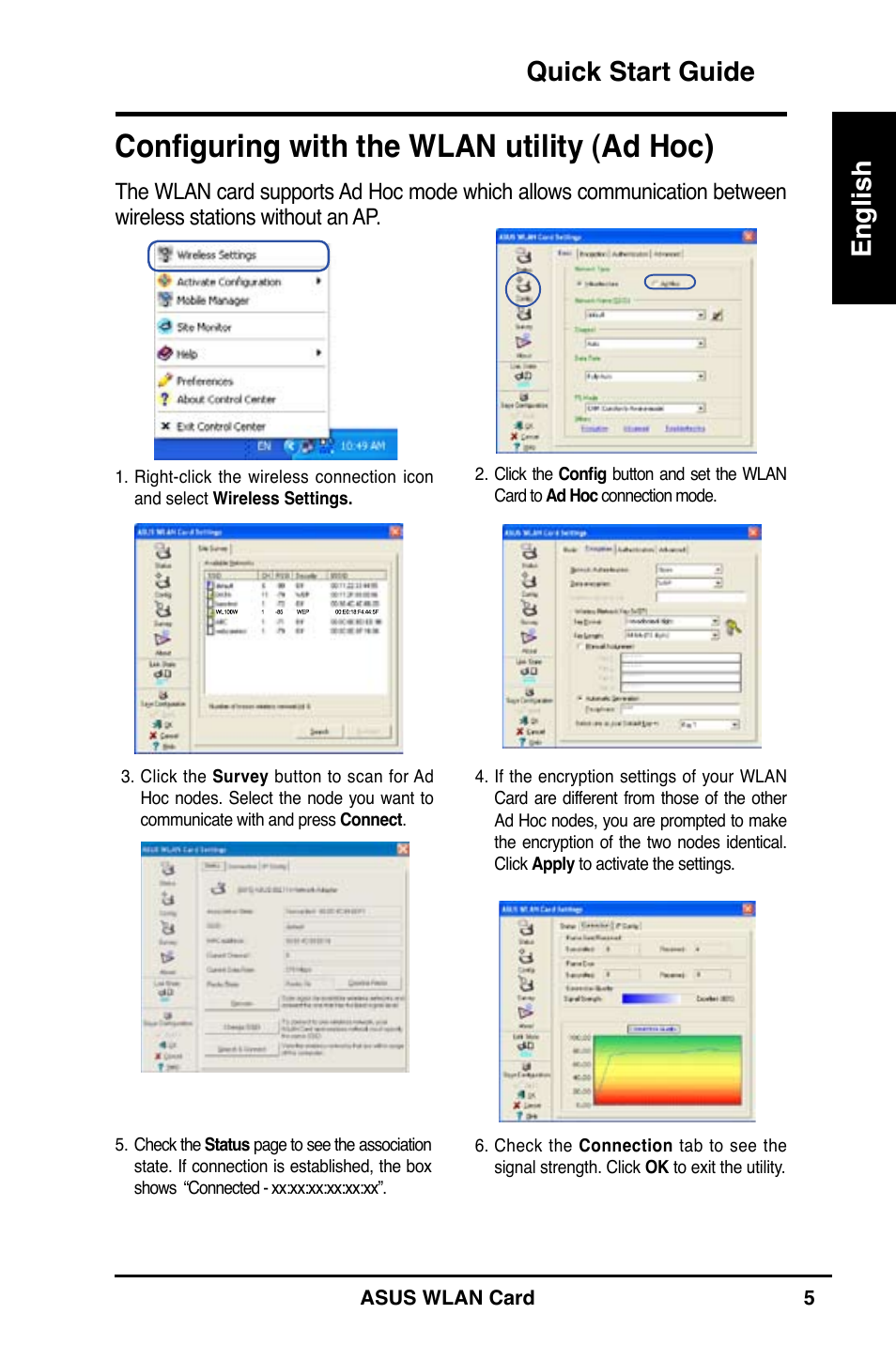 Configuring with the wlan utility (ad hoc), Quick start guide english | Asus WL-100W User Manual | Page 6 / 127