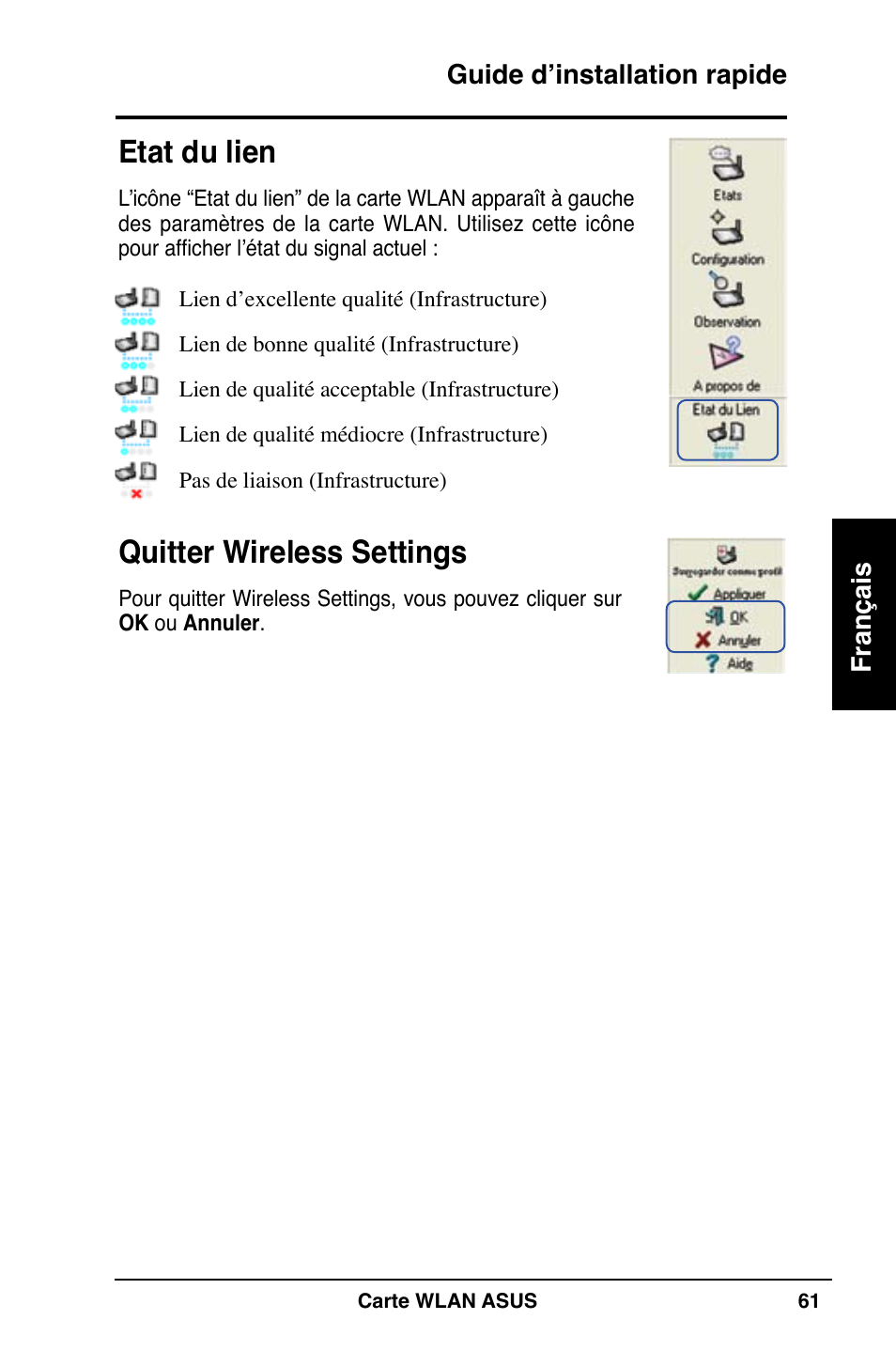 Etat du lien, Quitter wireless settings | Asus WL-100W User Manual | Page 62 / 127