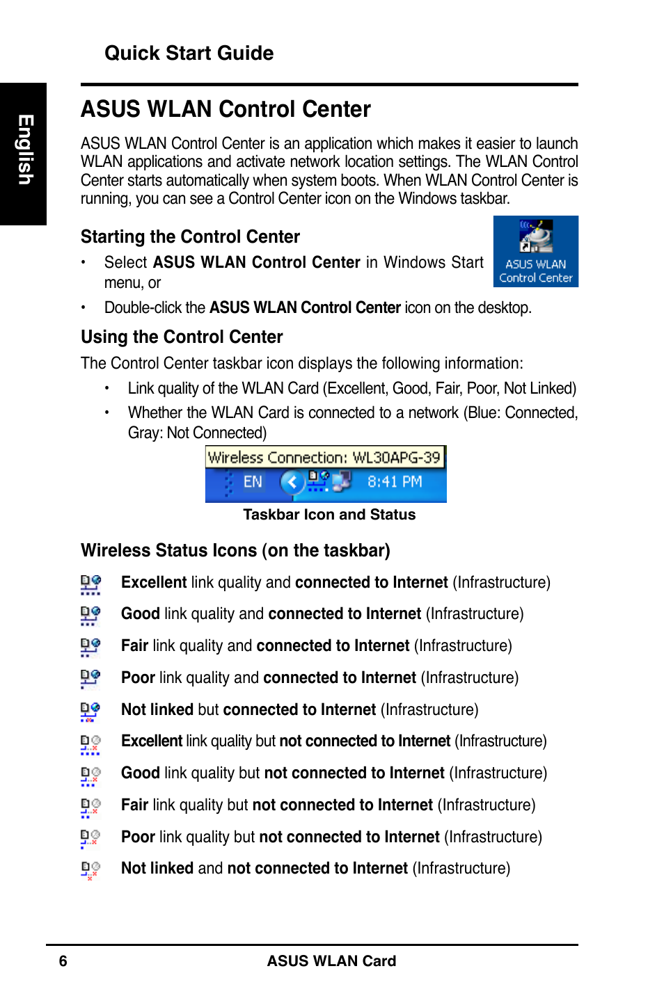 Asus wlan control center | Asus WL-100W User Manual | Page 7 / 127