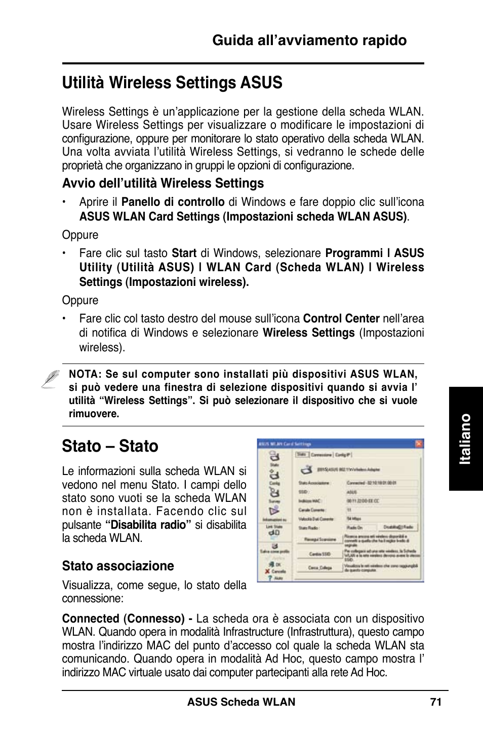 Stato – stato, Utilità wireless settings asus, Guida all’avviamento rapido italiano | Asus WL-100W User Manual | Page 72 / 127