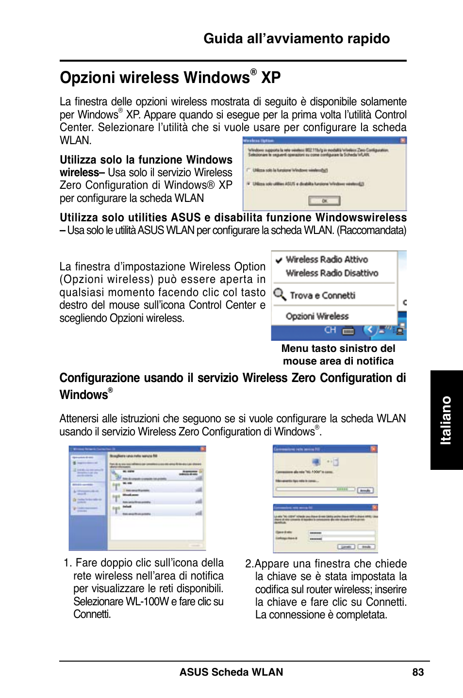 Opzioni wireless windows, Guida all’avviamento rapido italiano | Asus WL-100W User Manual | Page 84 / 127