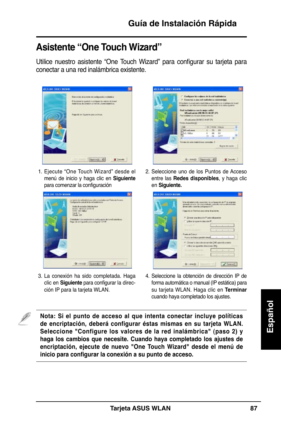 Asistente “one touch wizard, Guía de instalación rápida español | Asus WL-100W User Manual | Page 88 / 127