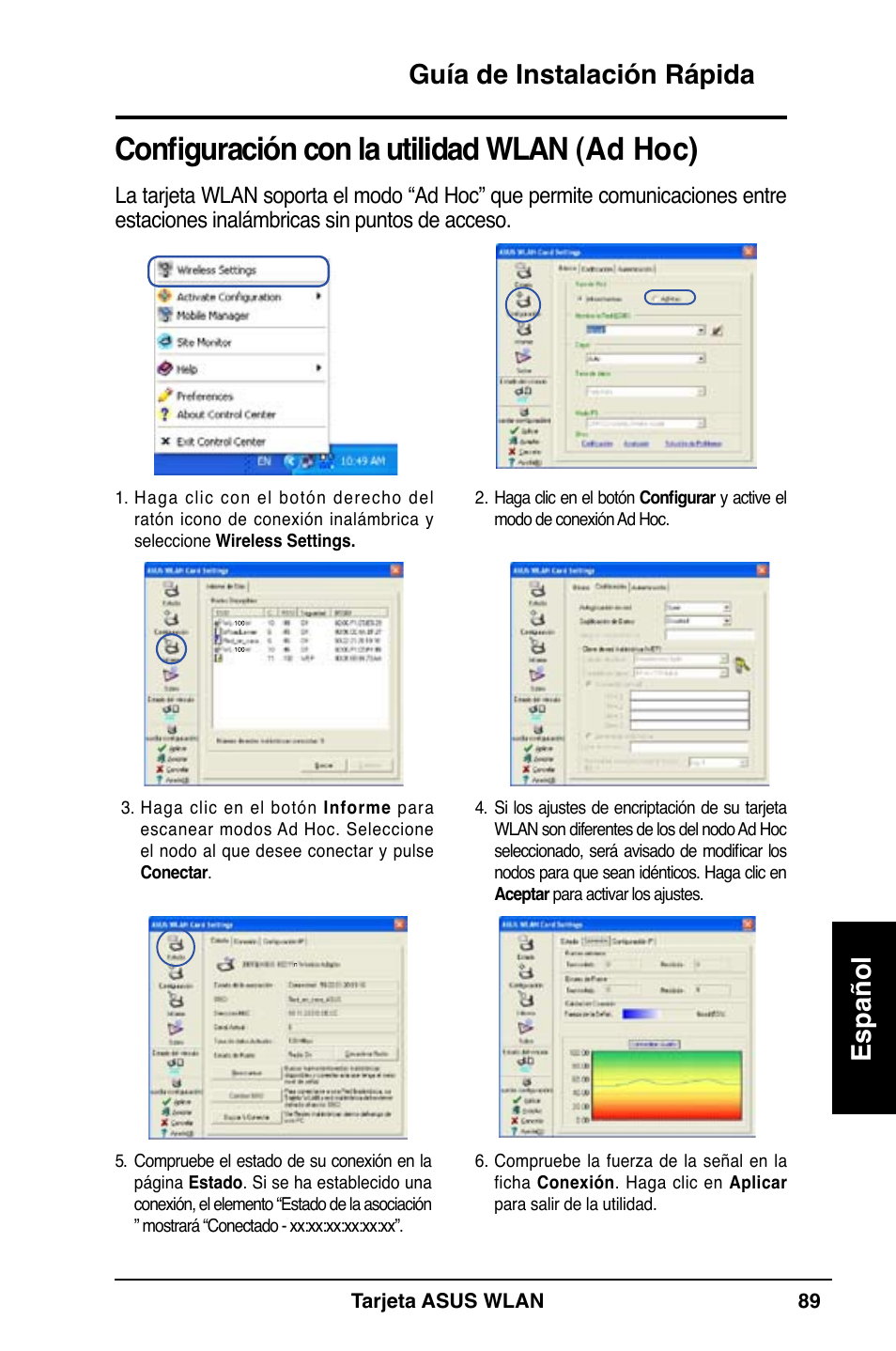 Configuración con la utilidad wlan (ad hoc), Guía de instalación rápida español | Asus WL-100W User Manual | Page 90 / 127