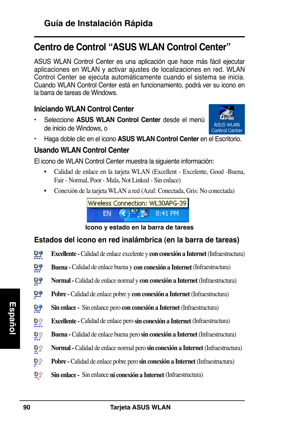 Centro de control “asus wlan control center | Asus WL-100W User Manual | Page 91 / 127