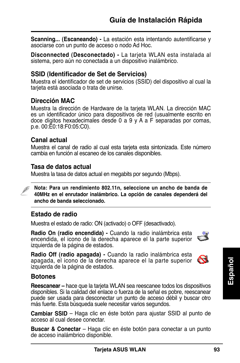 Guía de instalación rápida español | Asus WL-100W User Manual | Page 94 / 127