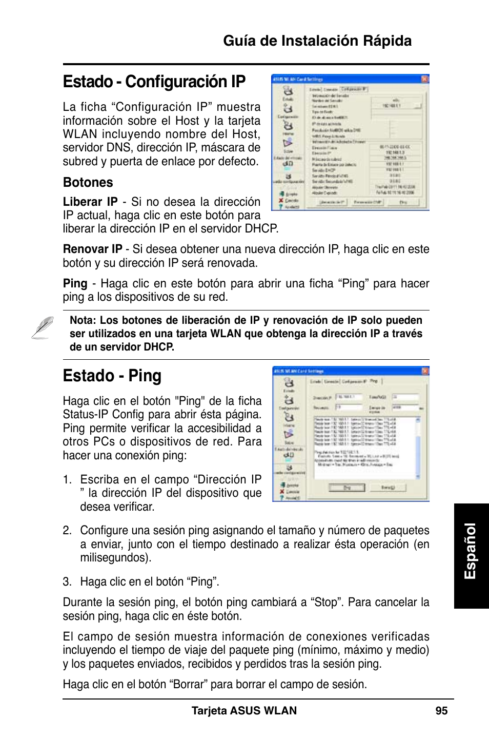 Estado - ping, Estado - configuración ip, Guía de instalación rápida español | Asus WL-100W User Manual | Page 96 / 127