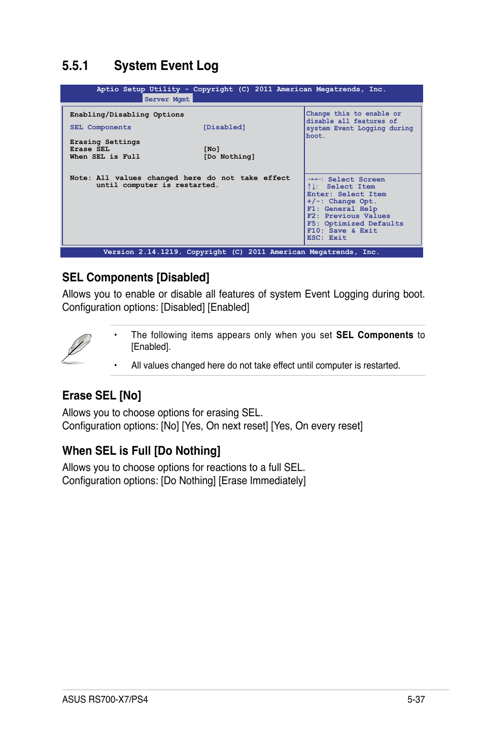 1 system event log, Sel components [disabled, Erase sel [no | When sel is full [do nothing | Asus RS700-X7/PS4 User Manual | Page 101 / 182