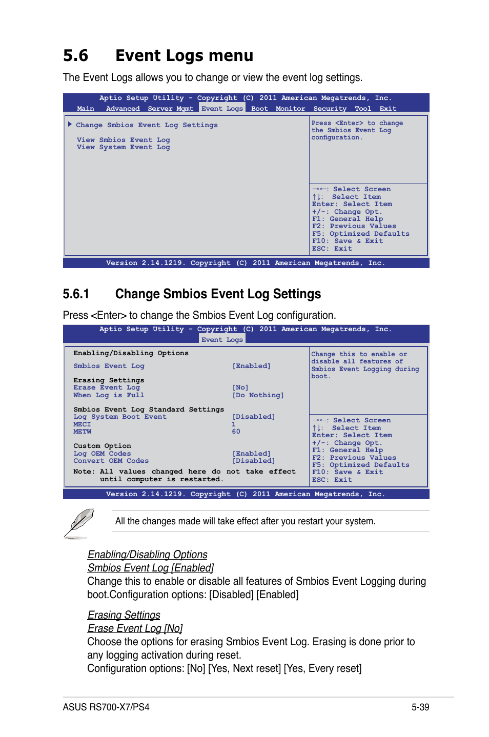 6 event logs menu, 1 change smbios event log settings | Asus RS700-X7/PS4 User Manual | Page 103 / 182