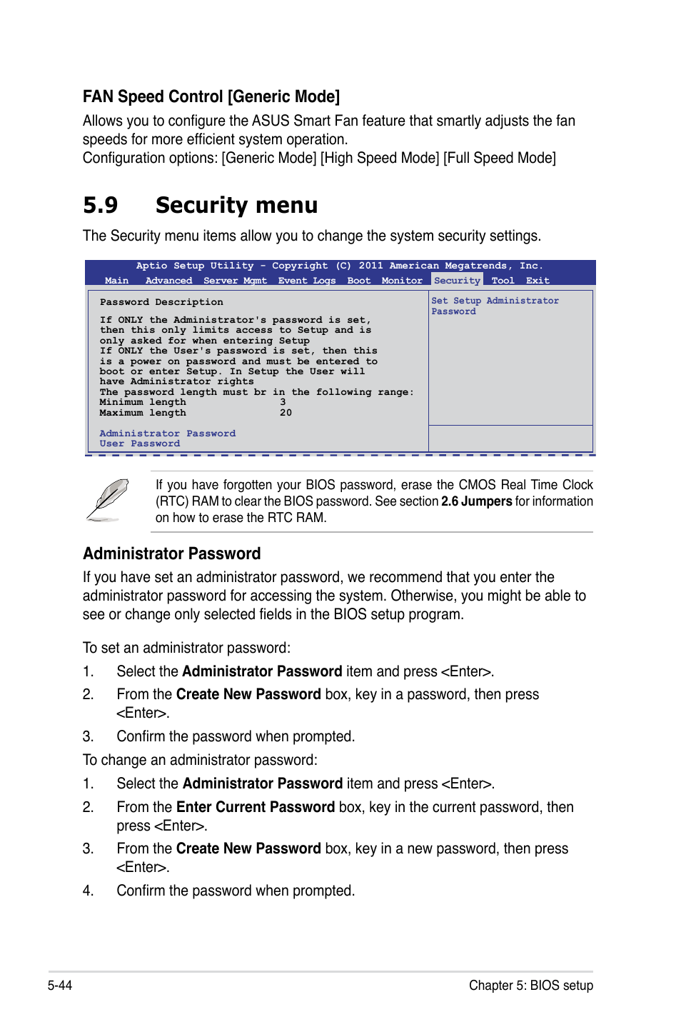 9 security menu, Fan speed control [generic mode, Administrator password | Asus RS700-X7/PS4 User Manual | Page 108 / 182