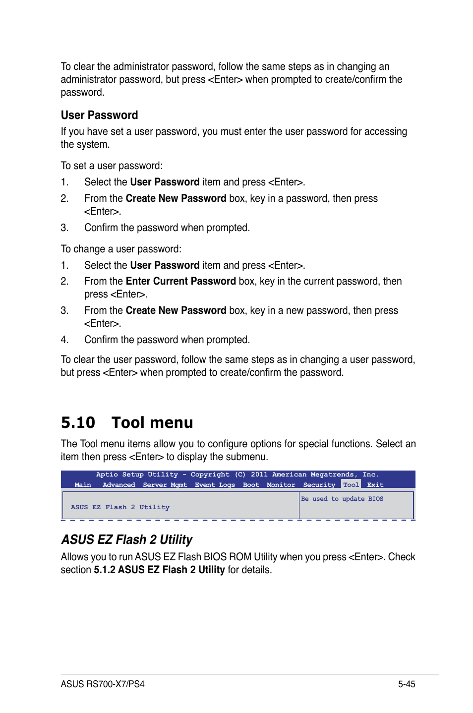 10 tool menu, Asus ez flash 2 utility, User password | Asus RS700-X7/PS4 User Manual | Page 109 / 182