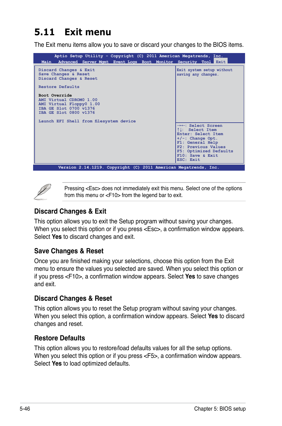 11 exit menu, Discard changes & exit, Save changes & reset | Discard changes & reset, Restore defaults | Asus RS700-X7/PS4 User Manual | Page 110 / 182