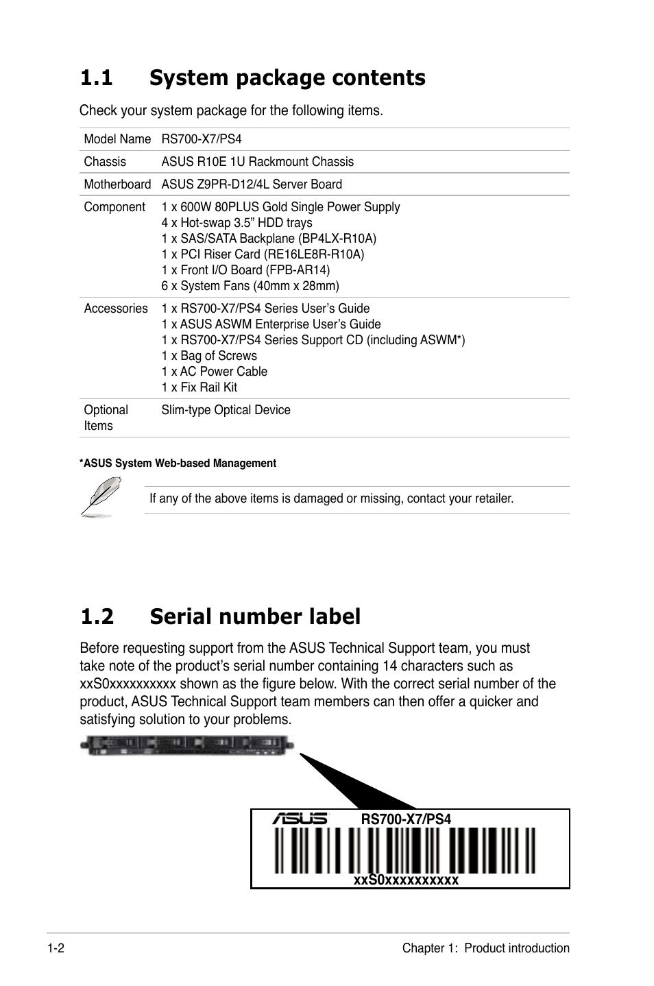 1 system package contents, 2 serial number label | Asus RS700-X7/PS4 User Manual | Page 12 / 182