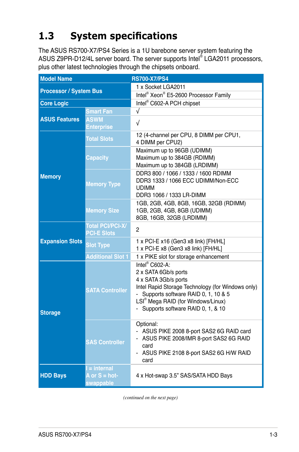 3 system specifications | Asus RS700-X7/PS4 User Manual | Page 13 / 182