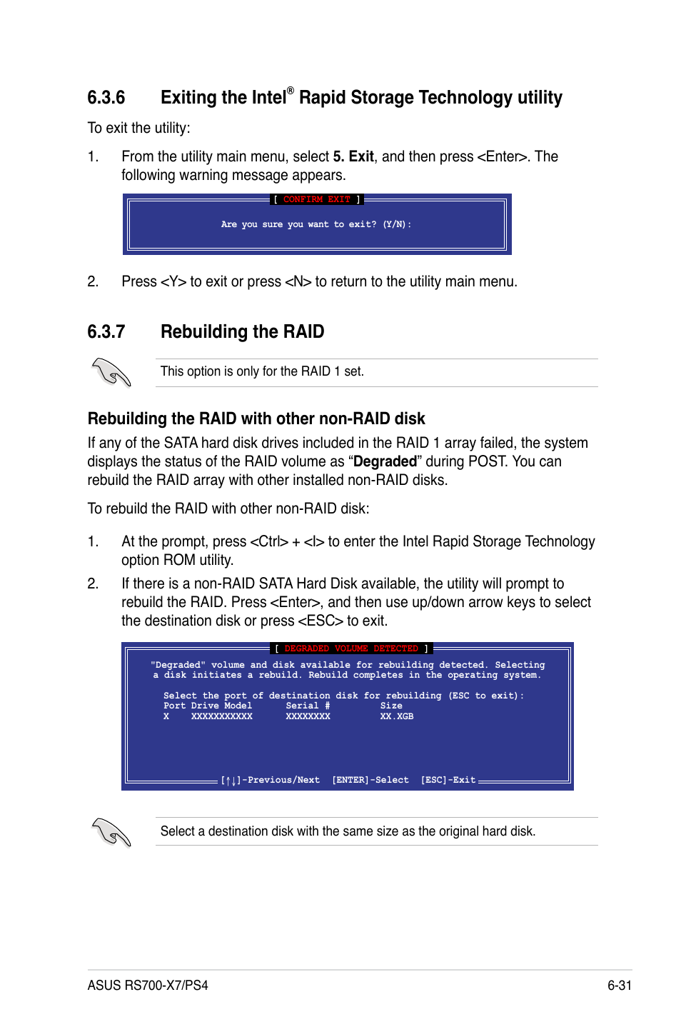 7 rebuilding the raid, 6 exiting the intel, Rapid storage technology utility | Rebuilding the raid with other non-raid disk | Asus RS700-X7/PS4 User Manual | Page 143 / 182