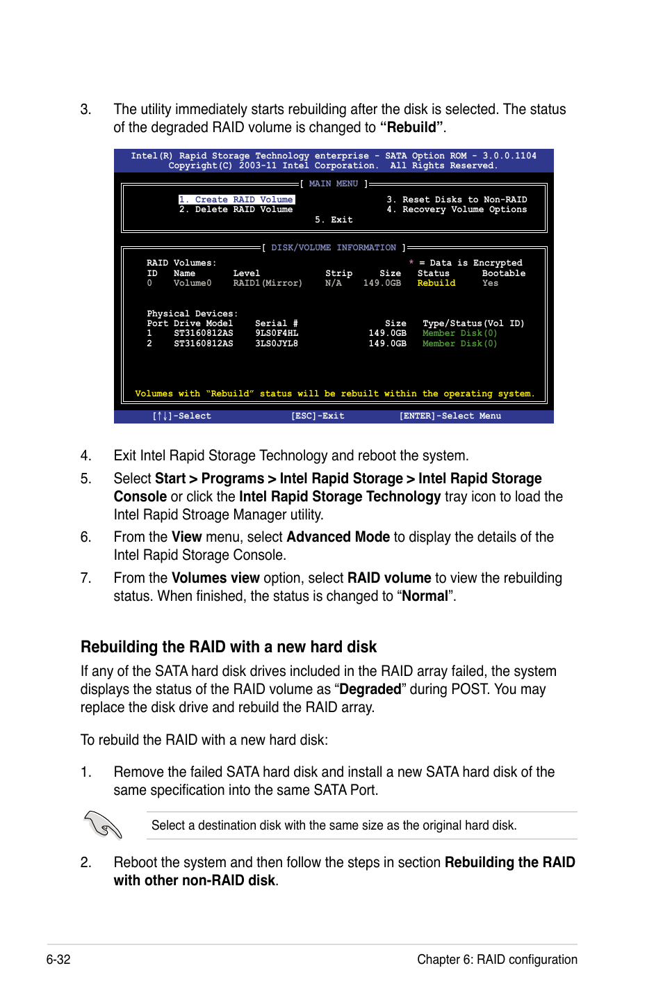 Rebuilding the raid with a new hard disk | Asus RS700-X7/PS4 User Manual | Page 144 / 182
