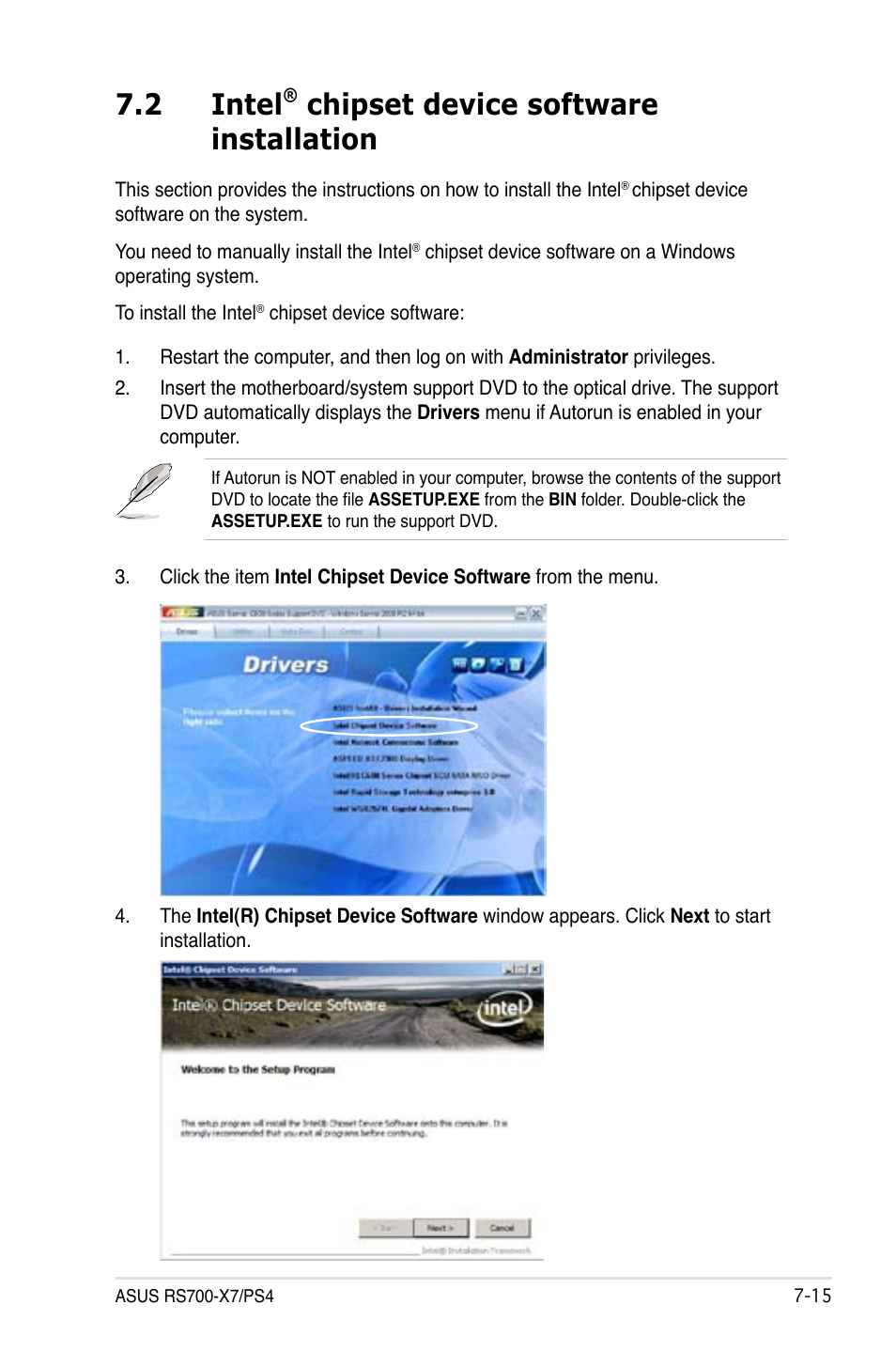 2 intel, Chipset device software installation | Asus RS700-X7/PS4 User Manual | Page 161 / 182