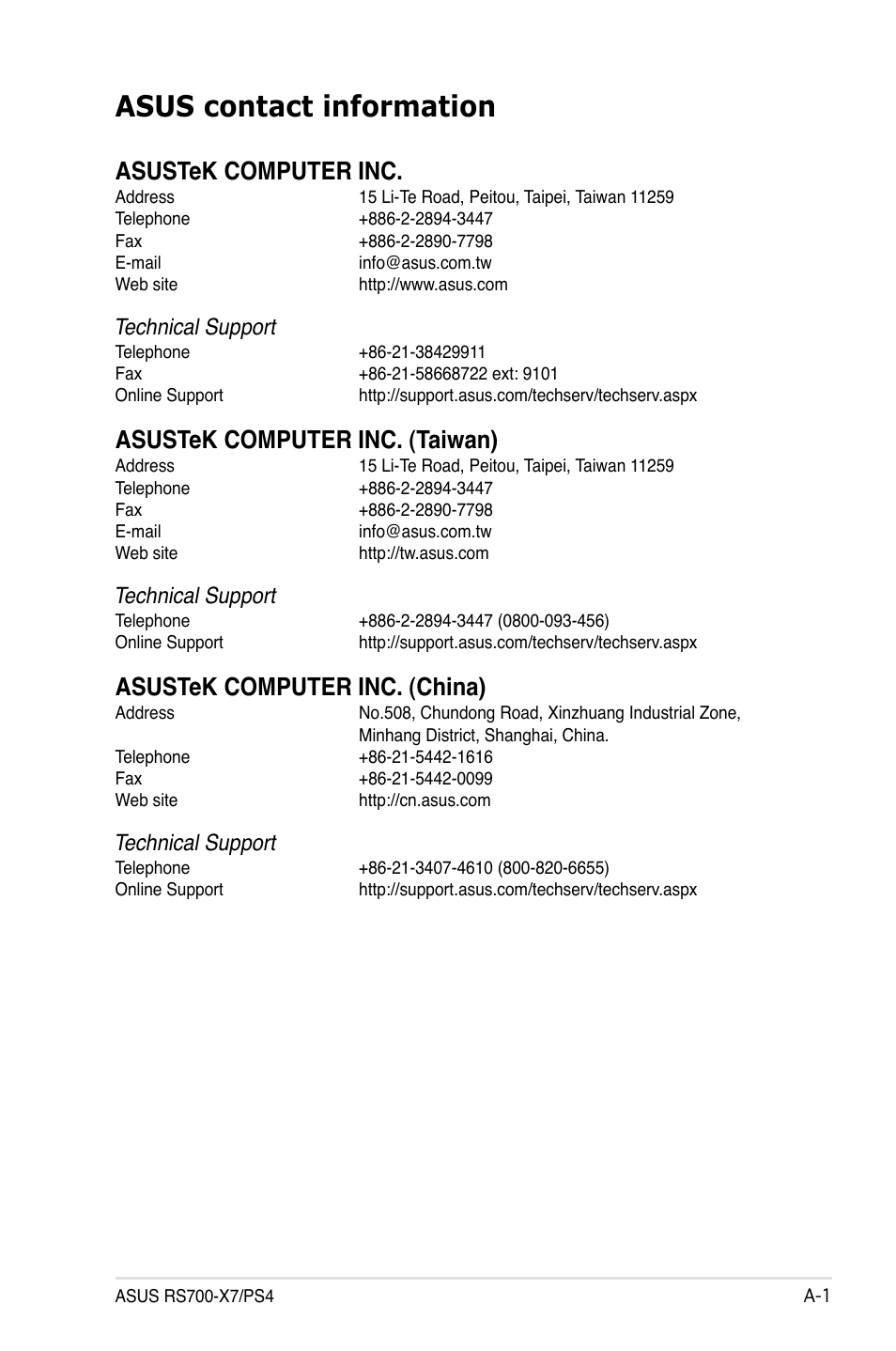 Asus contact information, Asustek computer inc, Asustek computer inc. (taiwan) | Asustek computer inc. (china), Technical support | Asus RS700-X7/PS4 User Manual | Page 181 / 182