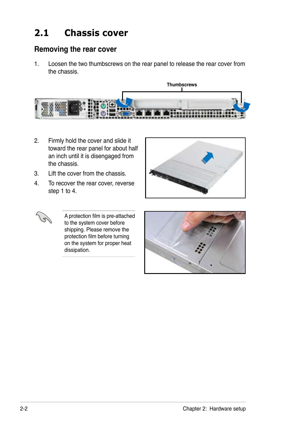 1 chassis cover, Removing the rear cover | Asus RS700-X7/PS4 User Manual | Page 20 / 182