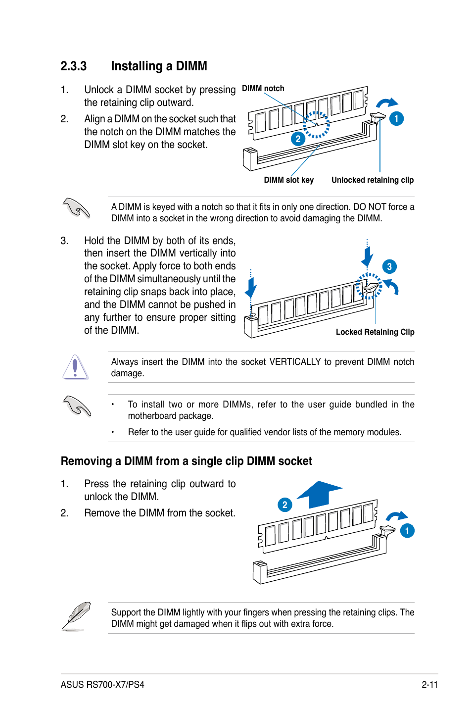 3 installing a dimm, Removing a dimm from a single clip dimm socket | Asus RS700-X7/PS4 User Manual | Page 29 / 182