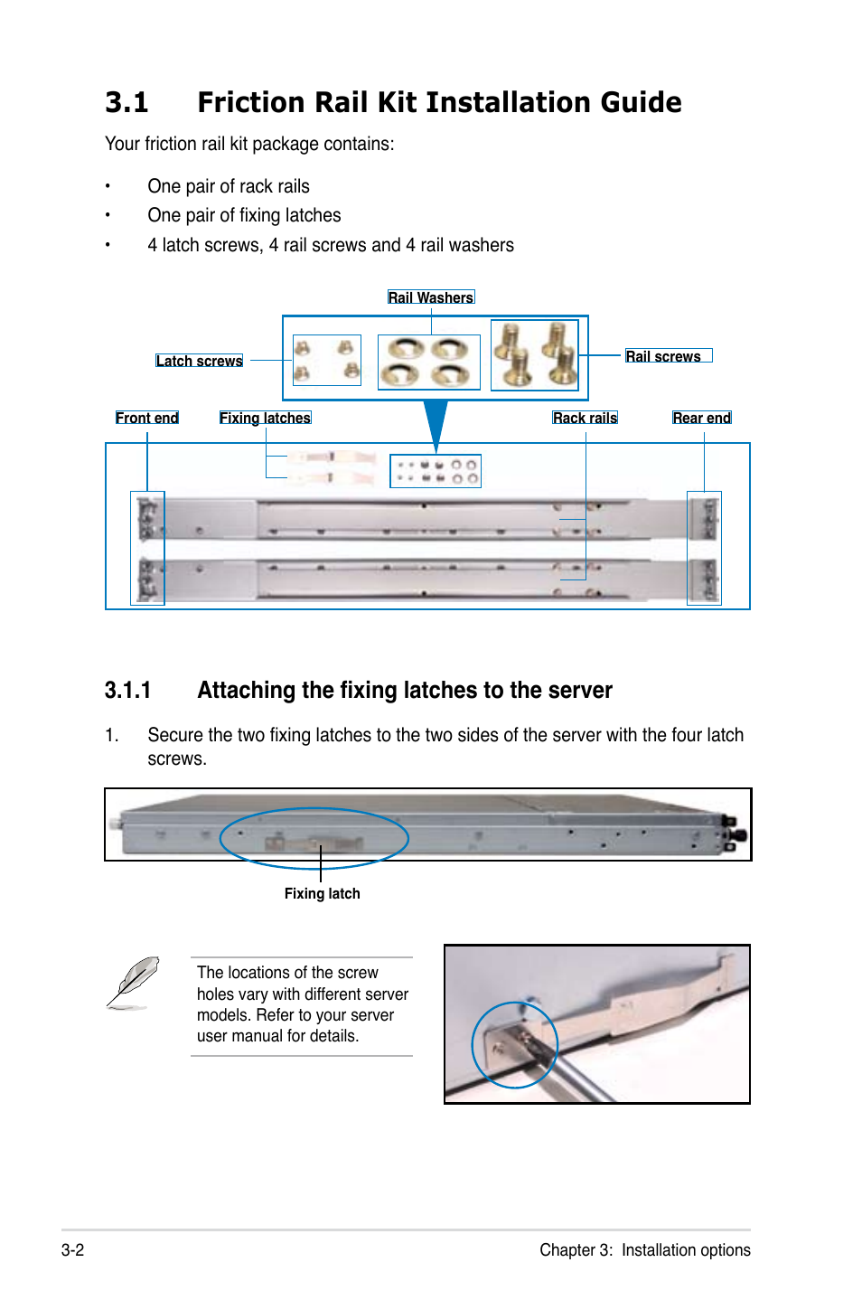 1 friction rail kit installation guide, 1 attaching the fixing latches to the server | Asus RS700-X7/PS4 User Manual | Page 40 / 182