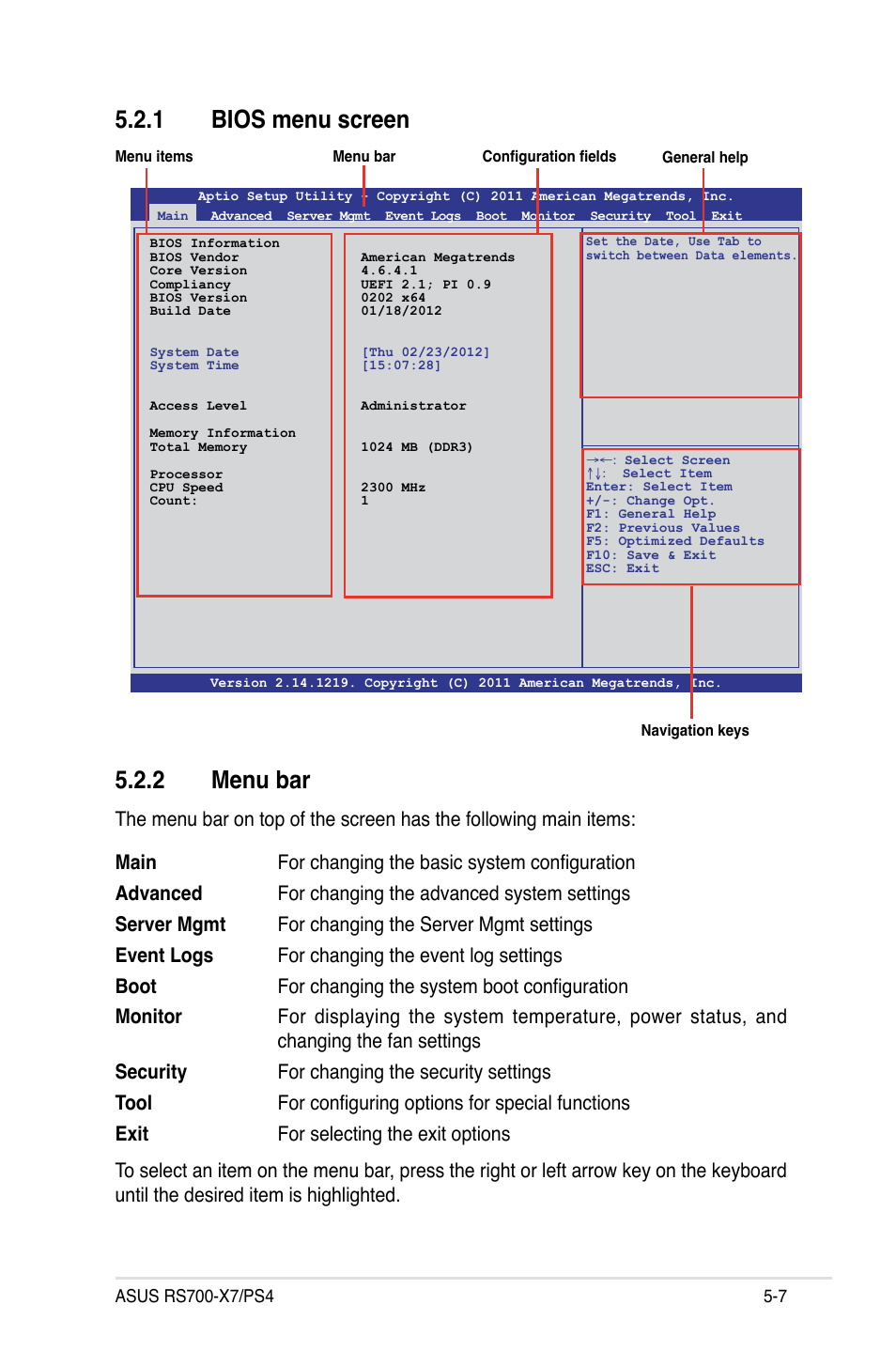 2 menu bar, 1 bios menu screen | Asus RS700-X7/PS4 User Manual | Page 71 / 182