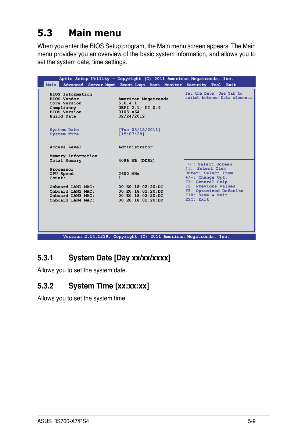 3 main menu, 2 system time [xx:xx:xx, Allows you to set the system date | Allows you to set the system time | Asus RS700-X7/PS4 User Manual | Page 73 / 182