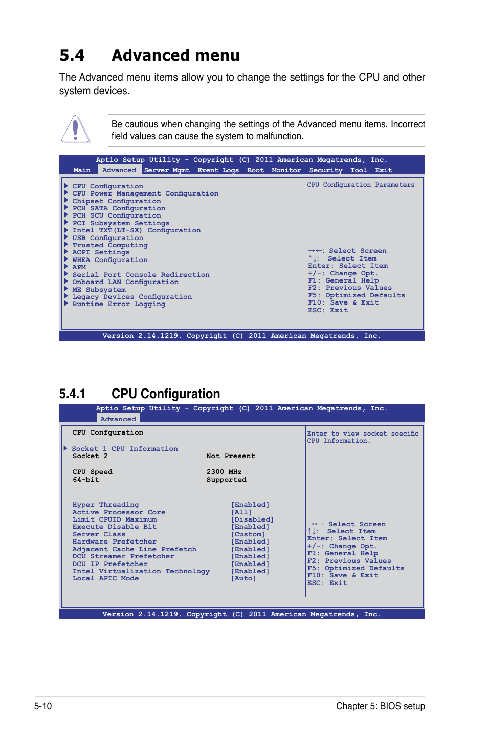 4 advanced menu, 1 cpu configuration, 10 chapter 5: bios setup | Asus RS700-X7/PS4 User Manual | Page 74 / 182