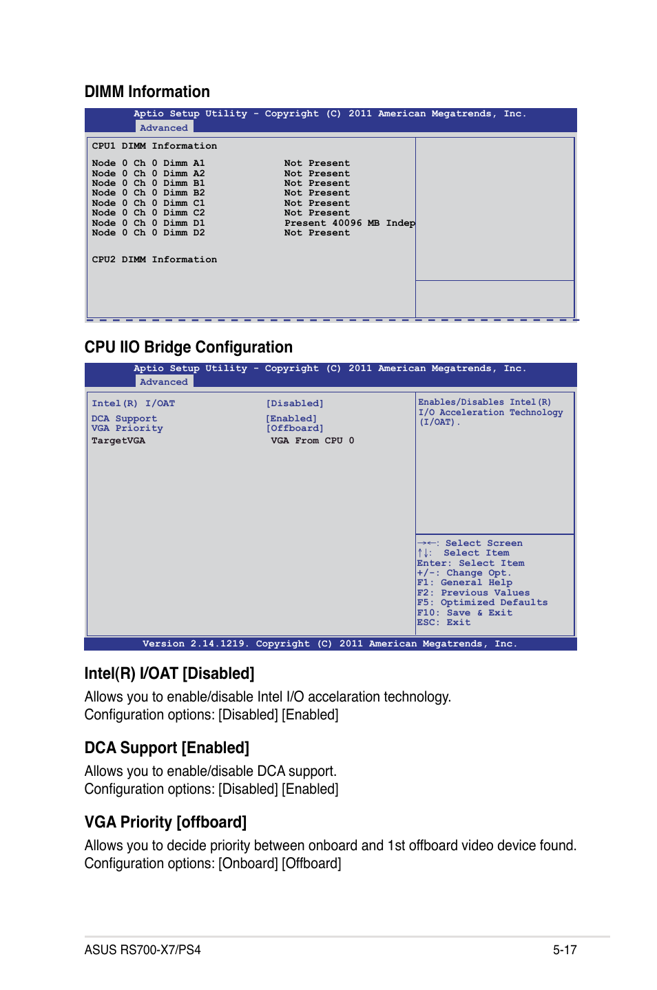 Intel(r) i/oat [disabled, Dca support [enabled, Vga priority [offboard | Cpu iio bridge configuration, Dimm information | Asus RS700-X7/PS4 User Manual | Page 81 / 182