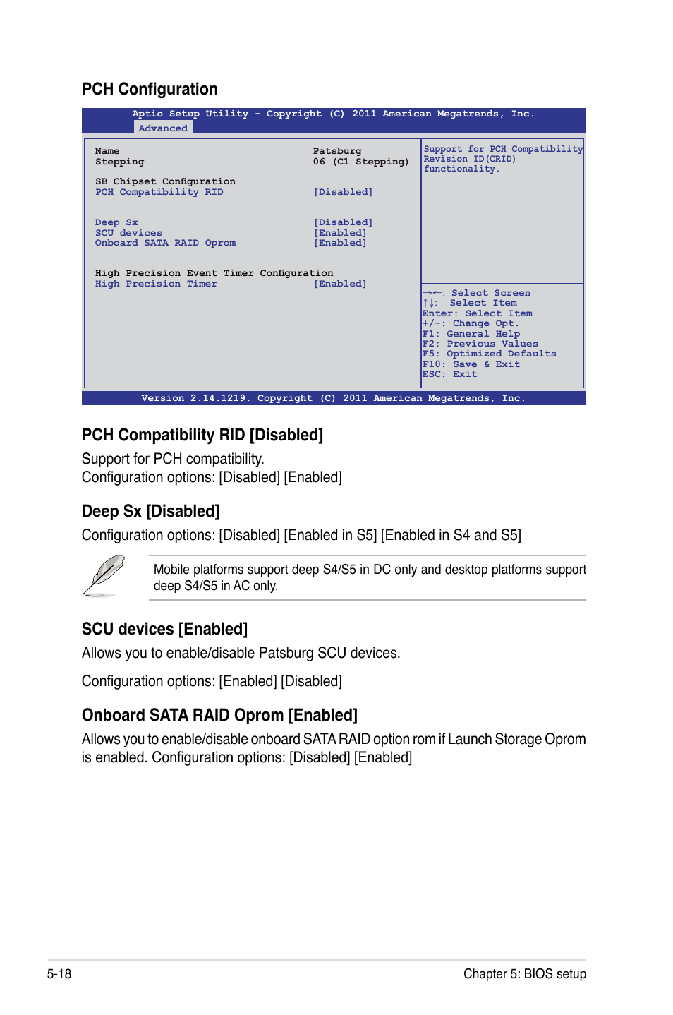 Pch configuration, Pch compatibility rid [disabled, Deep sx [disabled | Scu devices [enabled, Onboard sata raid oprom [enabled | Asus RS700-X7/PS4 User Manual | Page 82 / 182