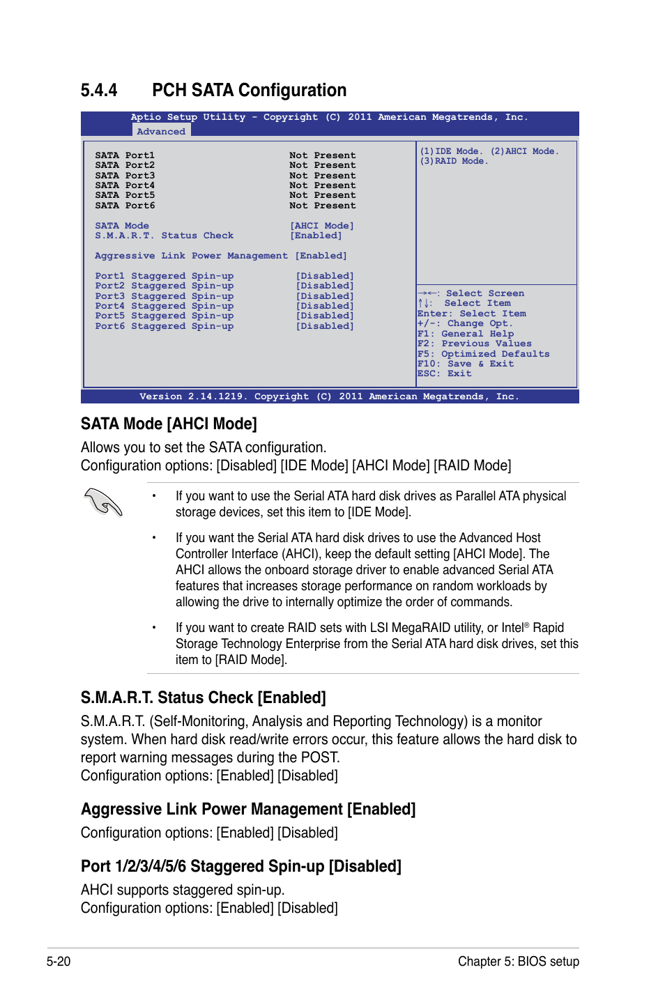 4 pch sata configuration, Sata mode [ahci mode, S.m.a.r.t. status check [enabled | Aggressive link power management [enabled, Configuration options: [enabled] [disabled | Asus RS700-X7/PS4 User Manual | Page 84 / 182