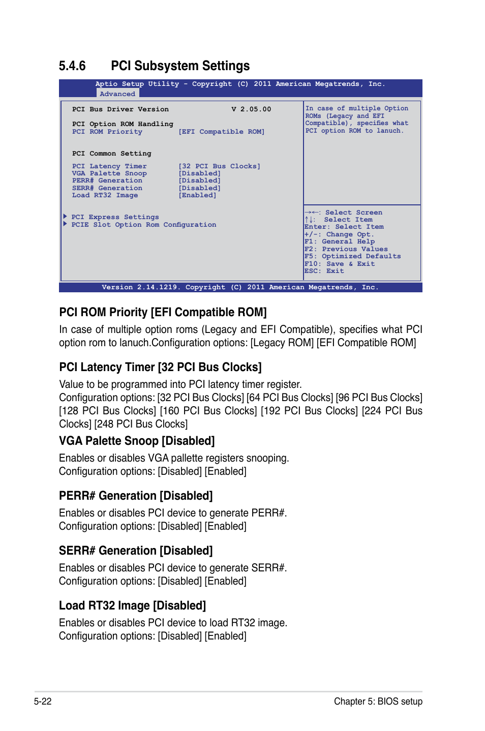 6 pci subsystem settings, Pci rom priority [efi compatible rom, Pci latency timer [32 pci bus clocks | Vga palette snoop [disabled, Perr# generation [disabled, Serr# generation [disabled, Load rt32 image [disabled | Asus RS700-X7/PS4 User Manual | Page 86 / 182