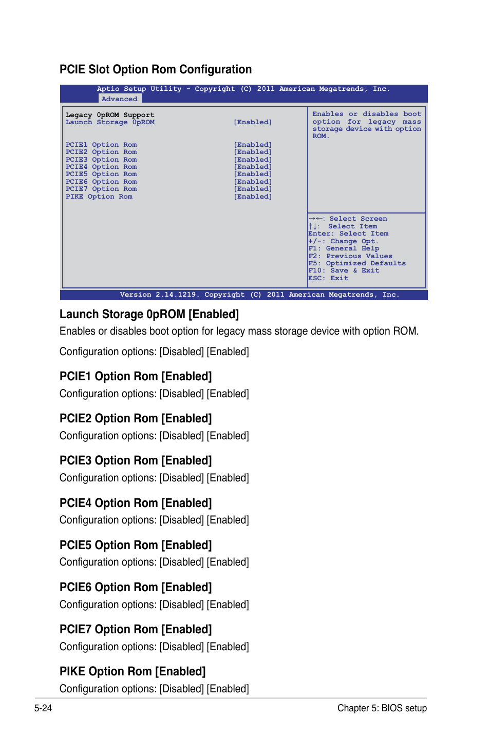 Pcie slot option rom configuration, Launch storage 0prom [enabled, Pcie1 option rom [enabled | Pcie2 option rom [enabled, Pcie3 option rom [enabled, Pcie4 option rom [enabled, Pcie5 option rom [enabled, Pcie6 option rom [enabled, Pcie7 option rom [enabled, Pike option rom [enabled | Asus RS700-X7/PS4 User Manual | Page 88 / 182