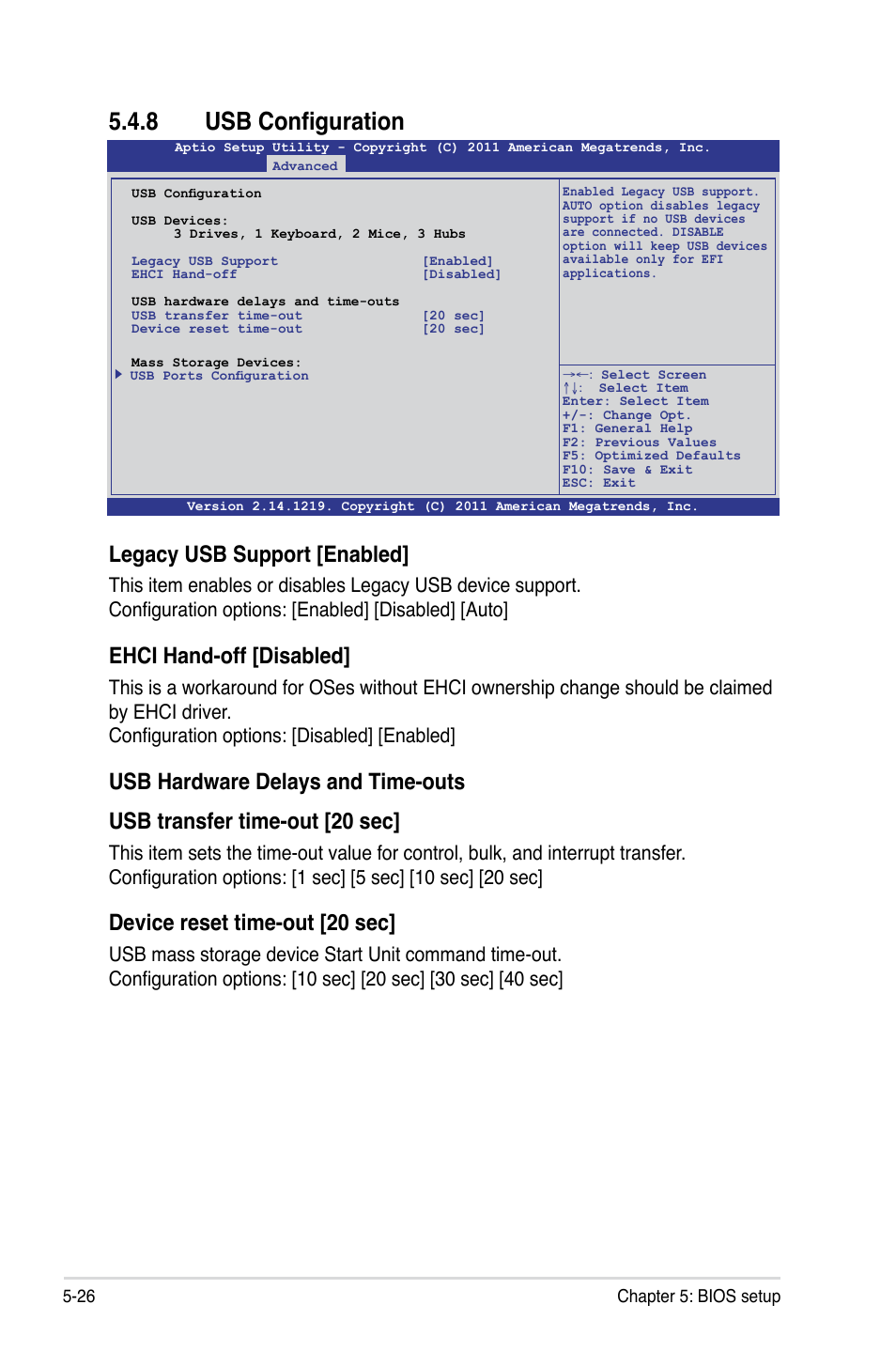 8 usb configuration, Legacy usb support [enabled, Ehci hand-off [disabled | Device reset time-out [20 sec | Asus RS700-X7/PS4 User Manual | Page 90 / 182