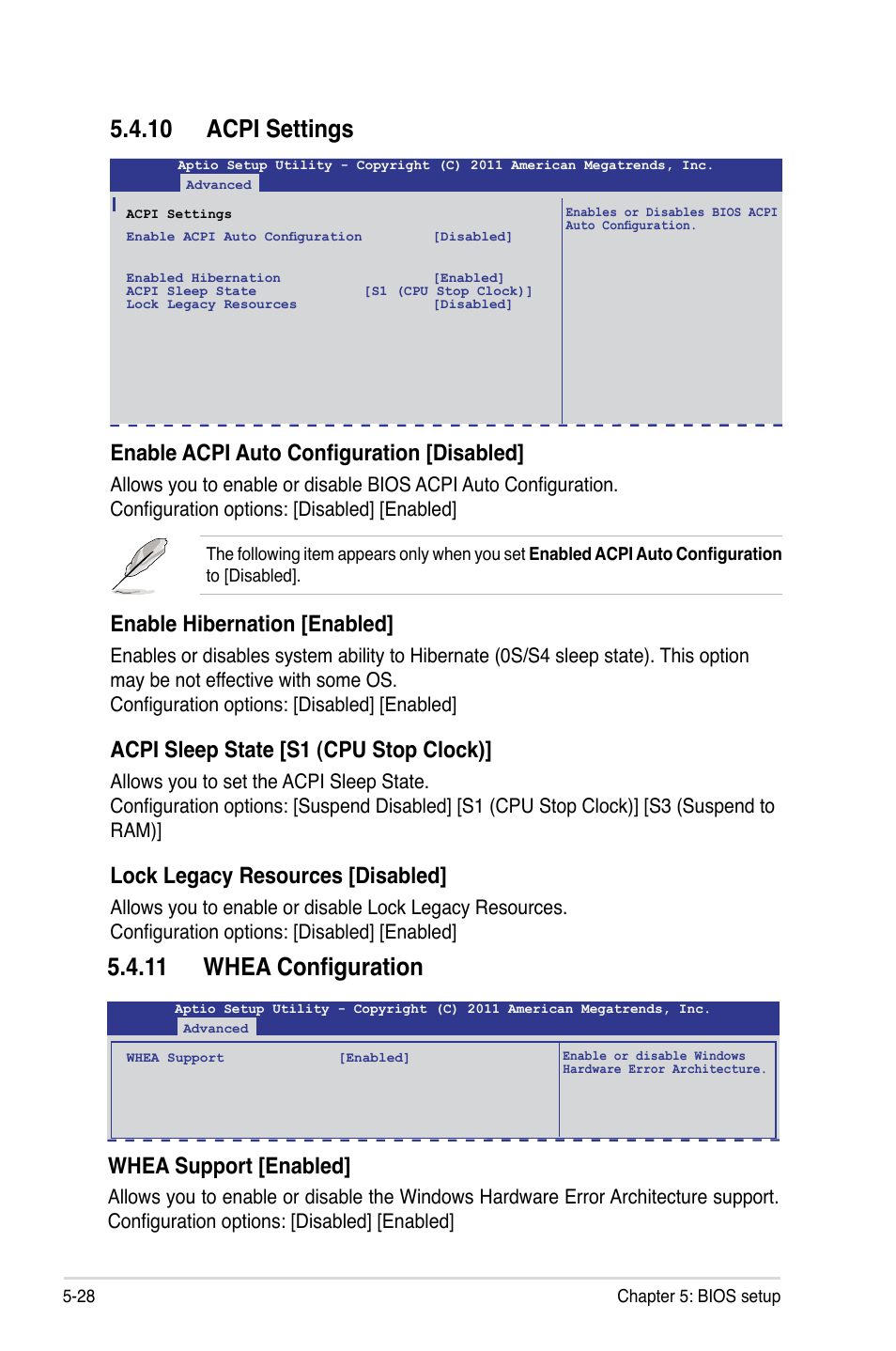 10 acpi settings, 11 whea configuration, Enable acpi auto configuration [disabled | Enable hibernation [enabled, Acpi sleep state [s1 (cpu stop clock), Lock legacy resources [disabled, Whea support [enabled | Asus RS700-X7/PS4 User Manual | Page 92 / 182