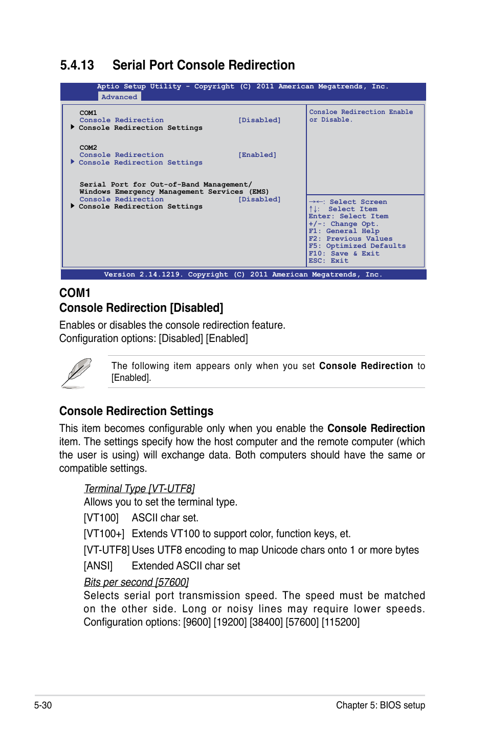 13 serial port console redirection, Console redirection settings, Com1 console redirection [disabled | Asus RS700-X7/PS4 User Manual | Page 94 / 182