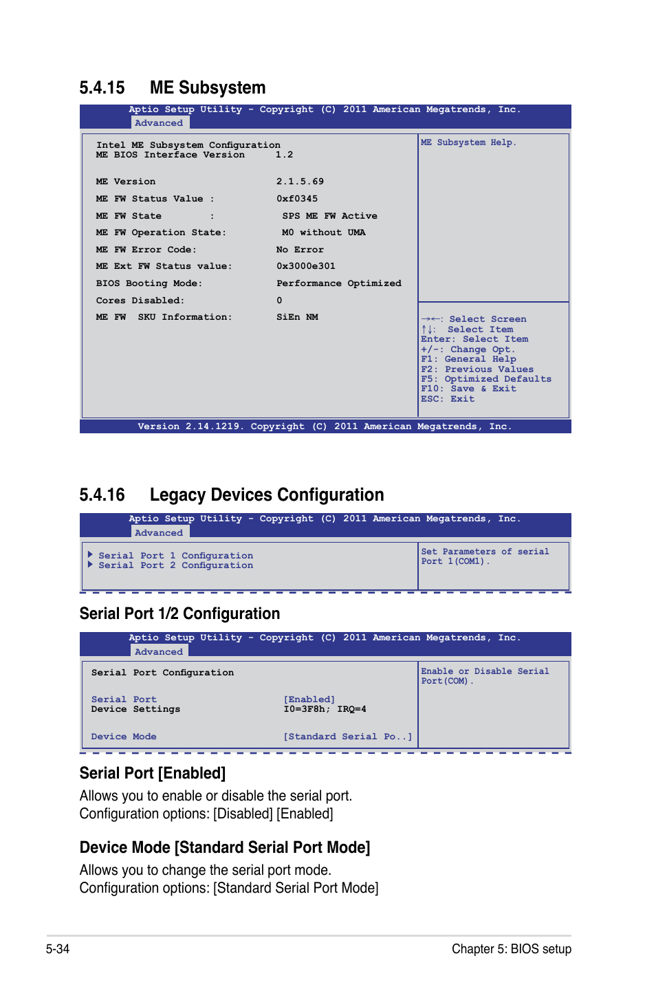 15 me subsystem, 16 legacy devices configuration, Serial port 1/2 configuration | Serial port [enabled, Device mode [standard serial port mode, 34 chapter 5: bios setup | Asus RS700-X7/PS4 User Manual | Page 98 / 182