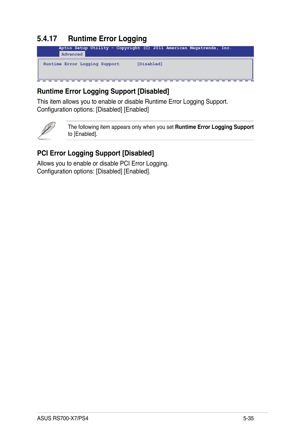 17 runtime error logging, Runtime error logging support [disabled, Pci error logging support [disabled | Asus RS700-X7/PS4 User Manual | Page 99 / 182