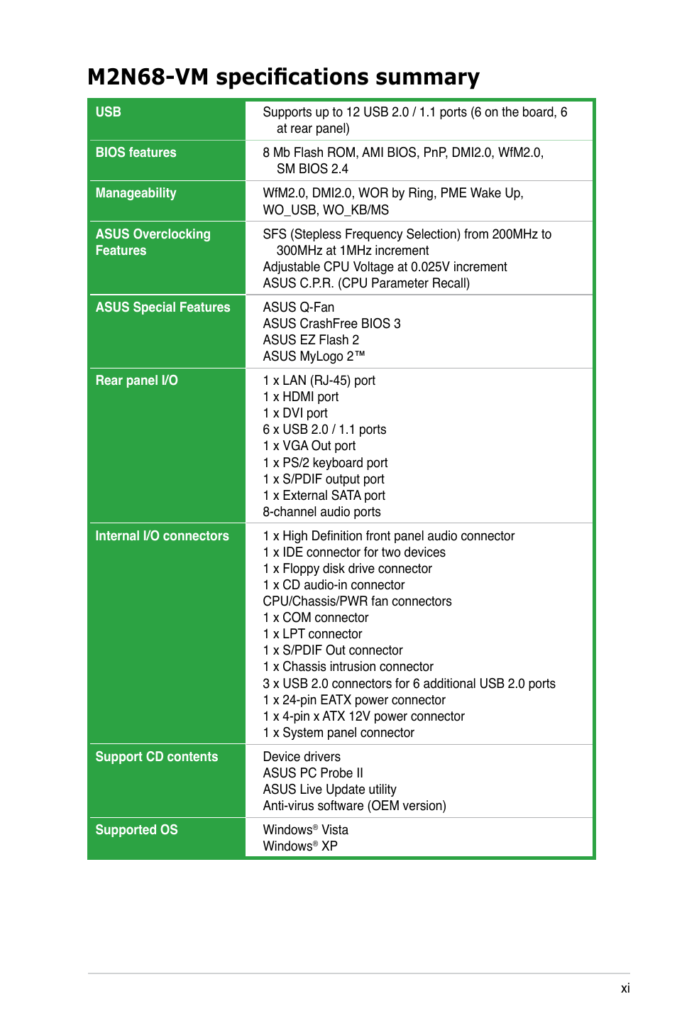 M2n68-vm specifications summary | Asus M2N68-VM User Manual | Page 11 / 94