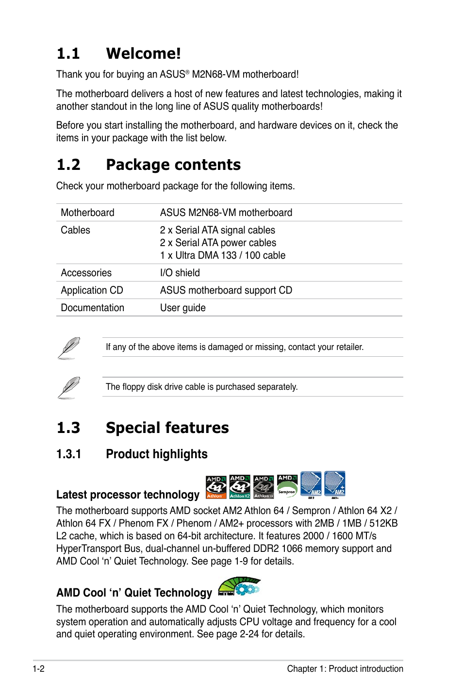 1 welcome, 2 package contents, 3 special features | 1 product highlights | Asus M2N68-VM User Manual | Page 14 / 94