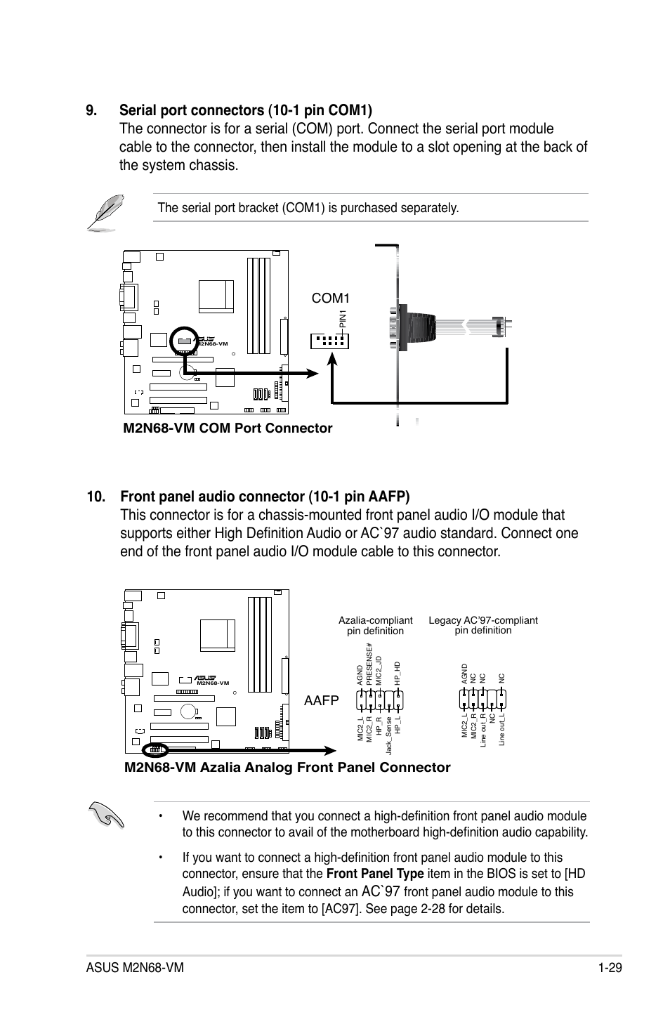 Ac`97, M2n68-vm com port connector, Com1 | M2n68-vm azalia analog front panel connector, Aafp | Asus M2N68-VM User Manual | Page 41 / 94