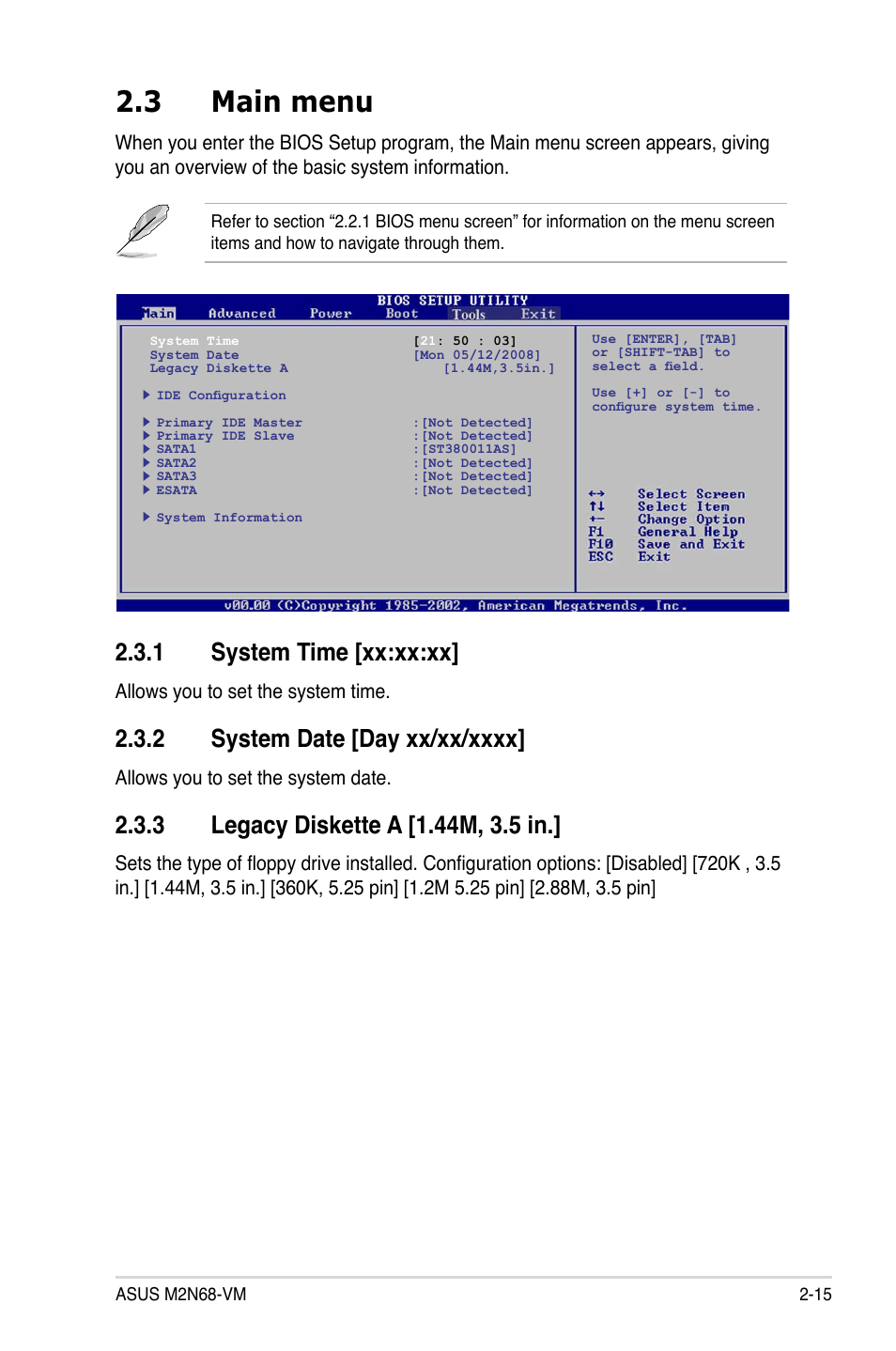 3 main menu, 1 system time, 2 system date | 3 legacy diskette a, 1 system time [xx:xx:xx | Asus M2N68-VM User Manual | Page 59 / 94