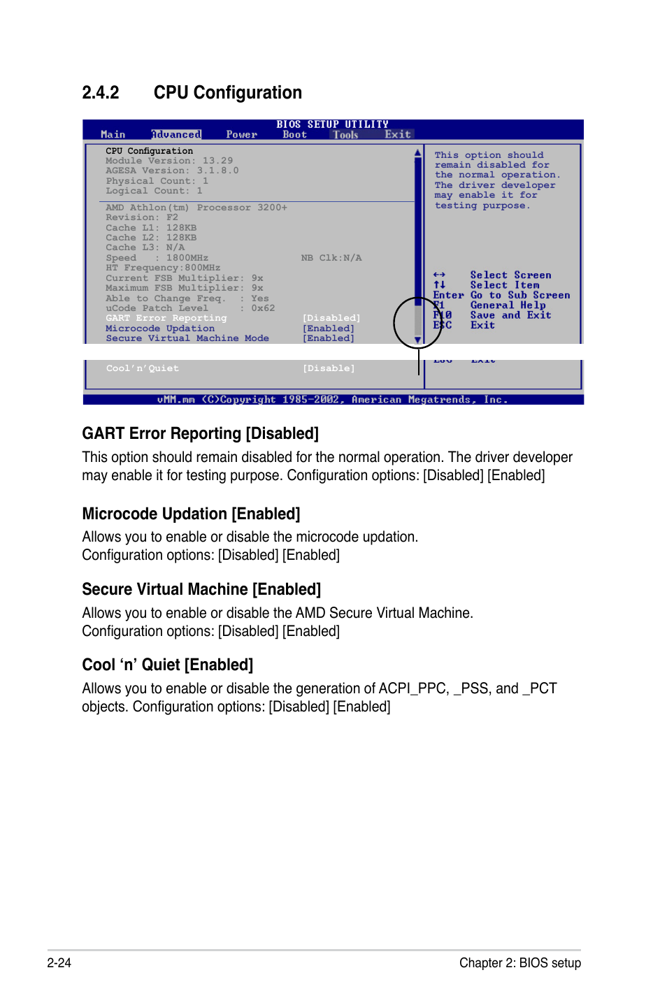 2 cpu configuration, Gart error reporting [disabled, Microcode updation [enabled | Secure virtual machine [enabled, Cool ‘n’ quiet [enabled | Asus M2N68-VM User Manual | Page 68 / 94