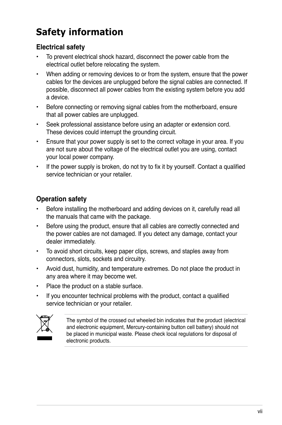 Safety information | Asus M2N68-VM User Manual | Page 7 / 94