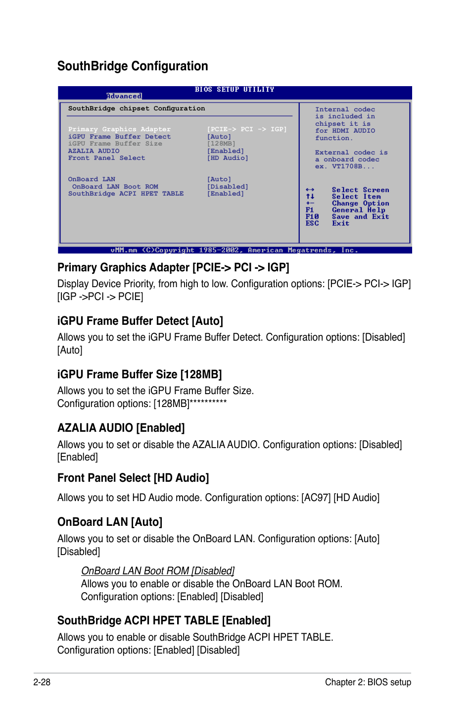 Southbridge configuration, Primary graphics adapter [pcie-> pci -> igp, Igpu frame buffer detect [auto | Igpu frame buffer size [128mb, Azalia audio [enabled, Front panel select [hd audio, Onboard lan [auto, Southbridge acpi hpet table [enabled | Asus M2N68-VM User Manual | Page 72 / 94