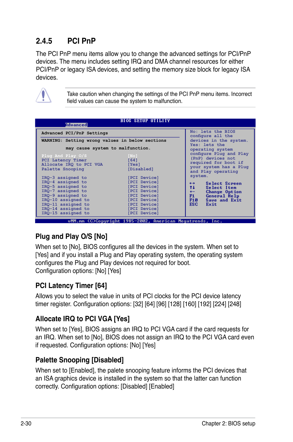 5 pci pnp, Plug and play o/s [no, Pci latency timer [64 | Allocate irq to pci vga [yes, Palette snooping [disabled | Asus M2N68-VM User Manual | Page 74 / 94